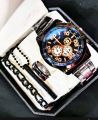 Pack Of 4 Top Fashion Men's Business Watch Deal -Elegant Mens Casual Watch +Chain Braclete +Heart Beat Ring+3D Bar Stick Locket-High Quality Business Watch In Random dial Design. 