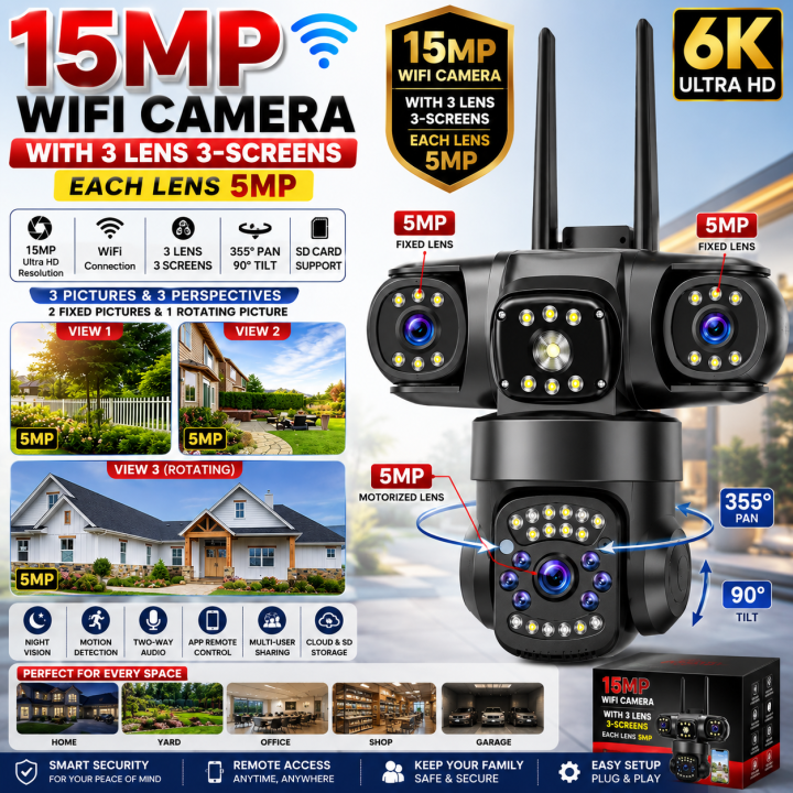 PTZ WiFi 15MP 3 Lens 3 Screen 360° Pan Tilt Outdoor CCTV Camera with Smart Tracking, Motion Detection, Night Vision, IP66 Waterproof, Two-Way Audio, SD Card Support, Remote Home Security Surveillance Camera