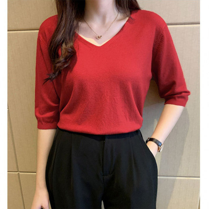 Women%20V%20Neck%20Blouse%20Casual%20Loose%20Half%20Sleeves%20Tops%20Fashion%20Solid%20Color%20Pullover%20Breathable%20T%20Shirt%20-%20Image%208