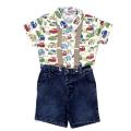 Archies Boys Crazy Cars Multi Color Printed Shirt With Blue Shorts & Suspenders. 