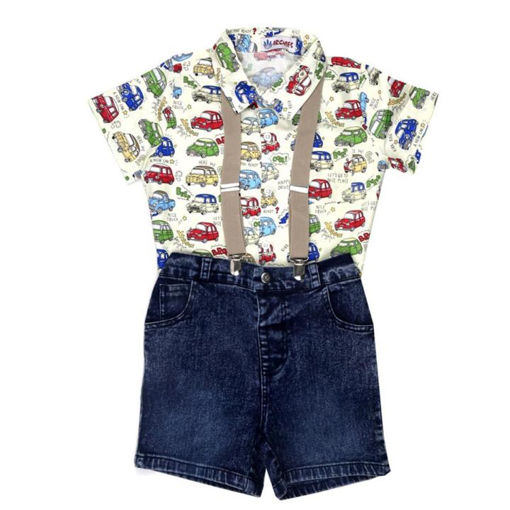 Archies Boys Crazy Cars Multi Color Printed Shirt With Blue Shorts & Suspenders