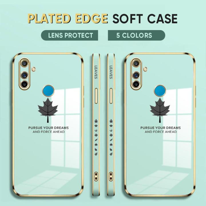 (Free Lanyard) Luxury 6D Plating Case for Realme C3 Back Cover Maple Leaf Side Pattern Soft Silicone Square Phone Cases