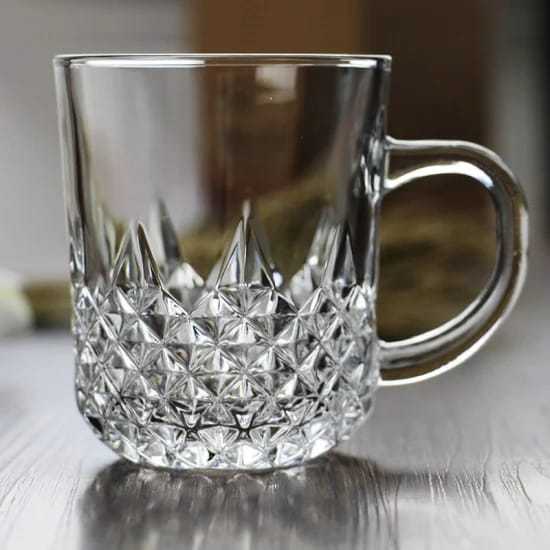 DELISOGA Pack of 1 Glass Tea Coffee Mug with Large Handle Fine Diamond Cut Design Transparent Glass  (Clear, Cup Set)