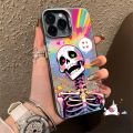 Cartoon Skeleton Funny Girl Color Graffiti Rainbow Case Compatible for IPhone 7Plus XR 14 11 12 15 13 Pro Max XS Max X 14 7 15 8 Plus SE 2020 Couples Luxury Plating Metal Lens Case. 