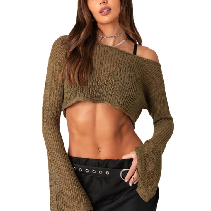bellylady%20Women%20Knit%20Crop%20Tops%20Long%20Sleeve%20Hollow%20Out%20Pullover%20Tops%20Off%20Shoulder%20Y2K%20Beachwear%20Poncho%20Sweater%20-%20Image%209