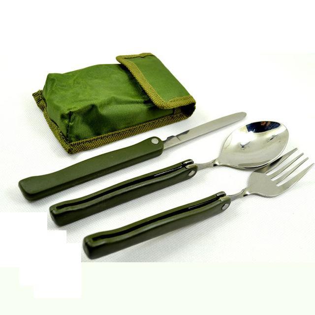 Multifunction Outdoor Tableware,3 in 1 Camping Folding Spoon Fork Knife Portable Cutlery Set with Pounch