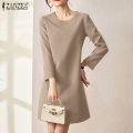 ZANZEA Women Formal Office Full Sleeve O-Neck Solid Dress Elegant Commute A-Line Dresses #11. 