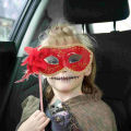 Women's Masquerade Masks Side Feathers Flower Petal Hand Held Lace Half Mask Stick Halloween Masks. 