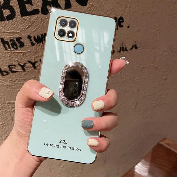 For Realme C21Y Back Cover + Rhinestone Ring Holder Stand Shiny Plating Square Bumper Girls Phone Case Soft TPU Silicone Shockproof Protective Cover