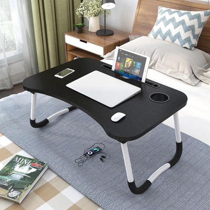 Wood Land Wooden Gaming Laptop Table For Bed Foldable Stand Ergonomic Portable Drawing Notebook Reading Food Breakfast Serving With Inbuild Tablet And Cup Holder Slots Couch Black Brown Pink Yellow Green White Blue