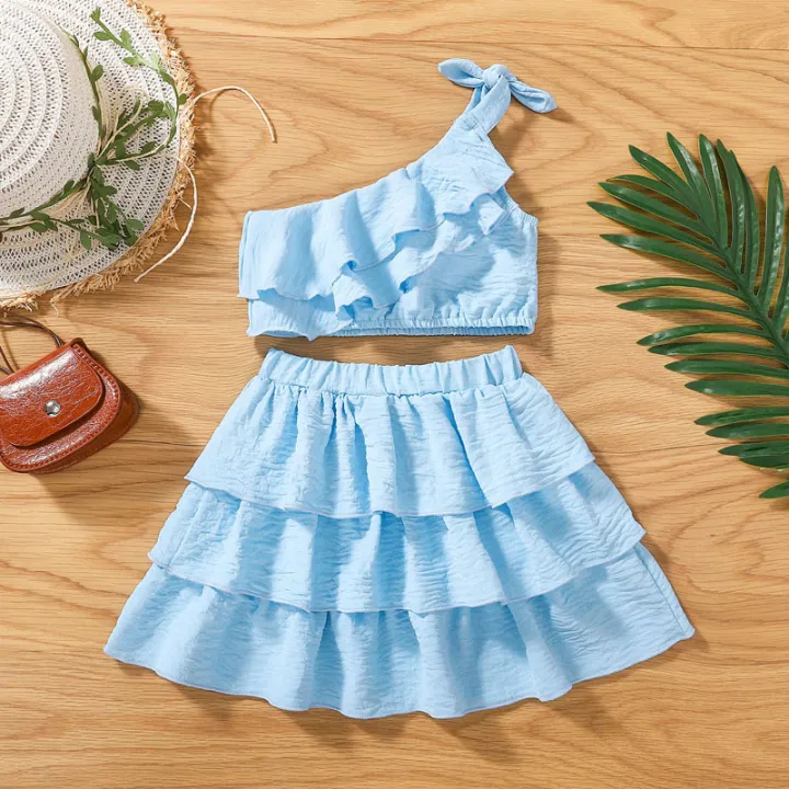 Kids%20Girl%20Summer%20Skirt%20Outfit%20Solid%20Color%20One%20Shoulder%20Sleeveless%20Ruffled%20Crop%20Tops%20and%20Stretch%20Casual%20Layered%20Skirt%20Set%20-%20Image%203