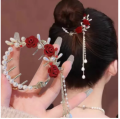 Ladies Vintage Red Rose Hairpin Hair Claw Elegant Fashion Headdress Women Back Hair Tassel Hairpin Headwear Accessories 1Pcs. 