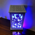 Handcrafted Wooden Lamps With Different Colorful Lights. 