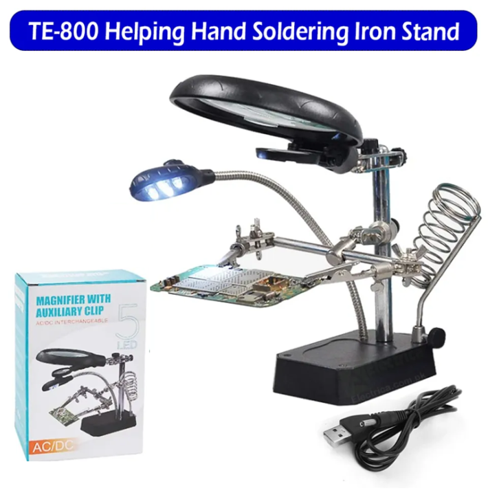 TE-800 5-LED Desktop Magnifying Glass with Auxiliary Clip and Soldering Stand