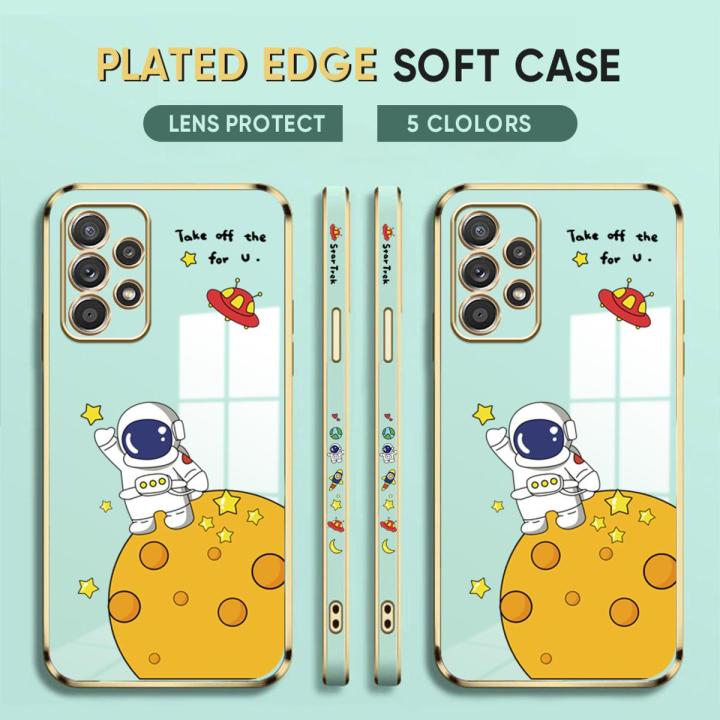 (Free Lanyard) Luxury 6D Plating Case for Samsung Galaxy A52 5G / 4G A52S 5G Back Cover Cute Cartoon Happy Astronaut Side Pattern Soft Silicone Square Phone Cases