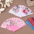 Portable Summer Cooling Gadget Flowers Printed Satin Hand Fan / Traditional Handcraft Folding Fans Delicate Chinese Art Souvenir Gifts. 