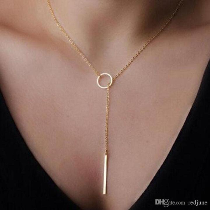 Gold Tone Bar Circle Lariat Necklace - Y-Necklace Layering Piece