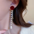 Wine Red Flocking Bow Pearl Tassel Earrings For Women Elegant Trending Luxury MJ. 