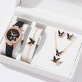 Leather Strap Butterfly Watch Set - 6 Piece Luxury Women's Quartz Watch, Ring, Necklace, Earring, and Bracelet Set Luxury Women Simple Wrist Watches for Women & Girls. 