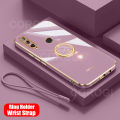For Huawei Honor 10i Back Cover with Ring Holder Stand + Wrist Strap Shiny Plating Square Bumper Protective Case Soft Silicone Shockproof Mobile Phone Cases. 
