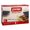 PYREX Rectangular Glass Food Storage Container Set with Blue Lids 6-piece. 