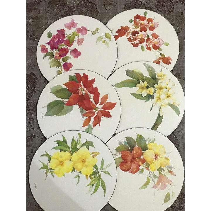 Vintage Jason Round Placemats Set of 6 Souvenir Hawaii Flowers Heavy Cork Board