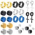 12 Pairs Pairs Men Stainless Steel Non-Piercing Magnetic Stud Earrings Cross Dangle Hoop Unisex CZ Magnet Clip on Earring Set. 