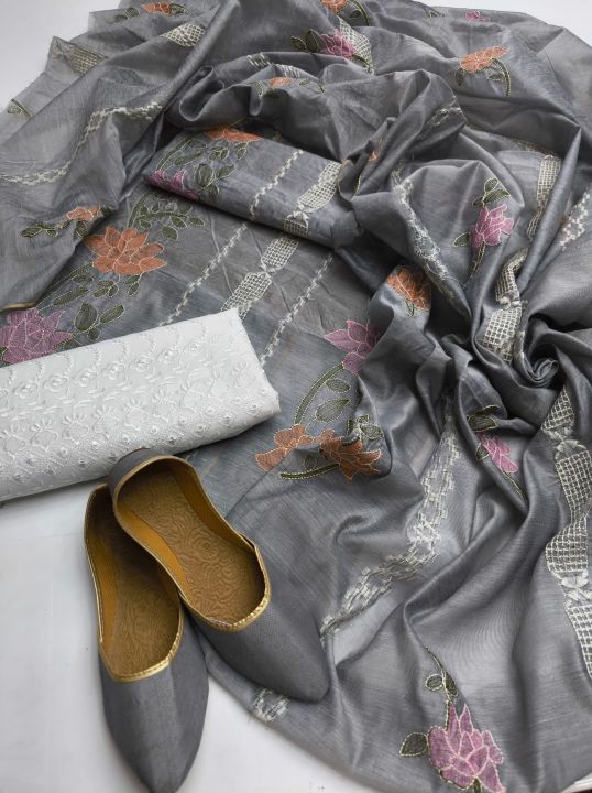 Partywear%20Dress%20for%20Women%203%20piece%20Unstitched%20Suit%20Paper%20Cotton%20Base%20with%20Multi%20Flower%20Embroidered%20Style%20Shirt,%20Paper%20Cotton%20Beautiful%20Embroided%20work%20Dupatta,%20Lawn%20Cotton%2012%20Inch%20Embroidered%20Chicken%20Kaari%20Trouser%20with%20Free%20Khussa%20Ashrafi%20Ashrafi%20Customized%20-%20Image%203
