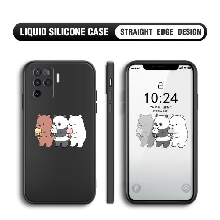 Jizetin for OPPO F19 Pro / A94 / Reno 5F / Reno 5 Lite Back Cover Cute Bare Bears and Cone Multicolor Liquid Silicone Phone Case Soft Square Lens Protection Phone Cases