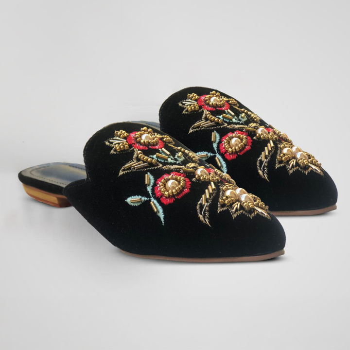 Embroidery Flat Pumps for Women – Multicolor Handwork, Black Velvet