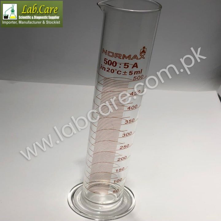 500ml Graduated Cylinder, Borosilicate 3.3 Glass, Single Metric Scale, Normax