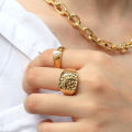 Fashion Unisex Championship Ring Chic Stainless Steel 18k PVD Gold Plated Square Signet Hammered Rings for Women Men. 