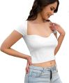 Women's Square Neck Ribbed Knitted Crop Top Short Sleeve Slim Fitted Basic Tee Shirt Blouse Tops white. 