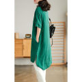 Women Linen Shirt Retro Button Design Half-sleeve Solid Color Casual Mid-length Blouse Tops. 
