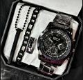 Pack Of 4 Top Fashion Men's Business Watch Deal -Elegant Mens Casual Watch +Chain Braclete +Heart Beat Ring+3D Bar Stick Locket-High Quality Business Watch In Random dial Design. 