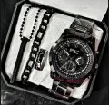 Watch For Men Watch Set For Men Summer Stainless Steel Casual Business Black Pack of 4 Watch + Bracelet + Ring + Bar Locket Fashion Gift Set. 