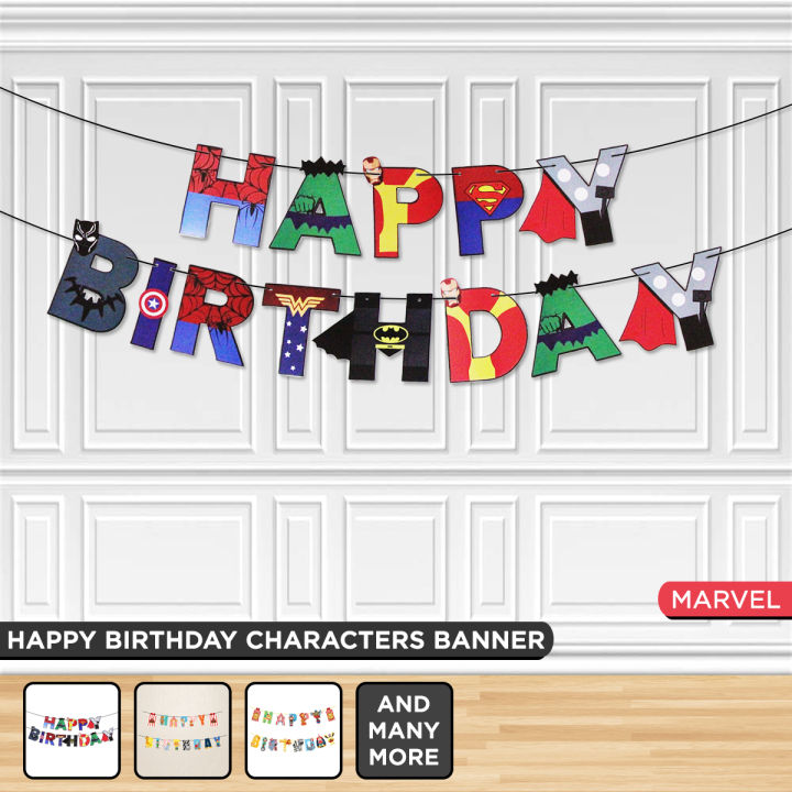 Super Hero Happy Birthday Banner, Card Hanging Banners, Party Supplies, Photo Backdrop & Background Wall Decoration, Birth Day Decorative Flags, Avengers Black Panther Spiderman Batman Iron Man Hulk Thor Captain America Superman Kids Parties Cards Flag