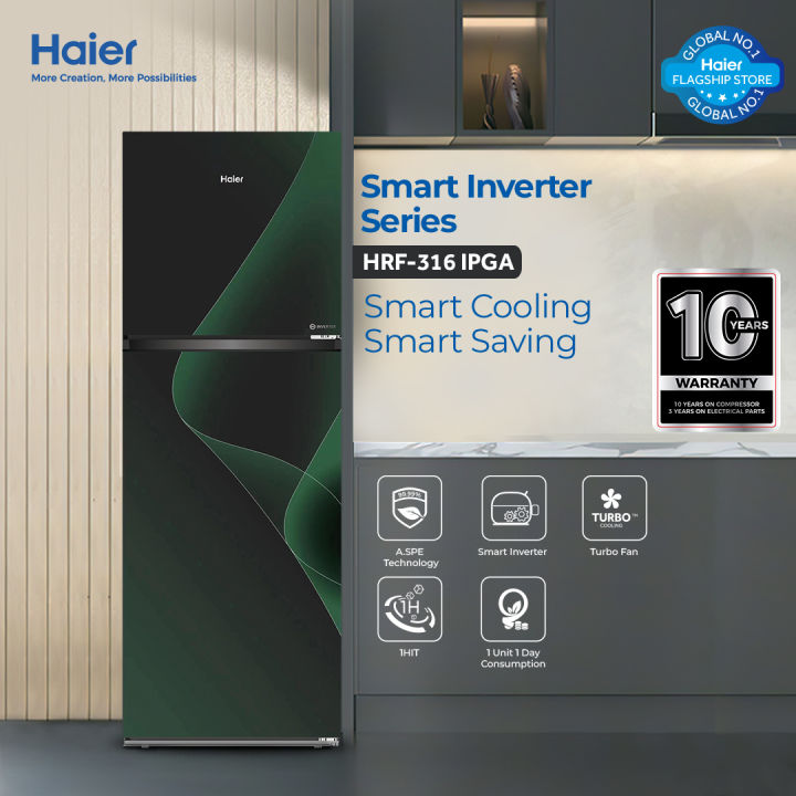 Haier 11 Cu Ft / Smart Inverter / HRF-316IPGA ( Fresher & HCS Technology + Digital Control Panel + Turbo Fan + 4 Temperature Sensors + ABT Technology + Inverter Compressor + Glass Door ) Green Colour Refrigerator / 10 Years Haier Warranty