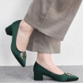 Women's Pointed Toe Pumps with Golden Buckle - Satin Finish Low Block Heel Fancy Court Shoes for Girls - Maroon, Green & Brown. 
