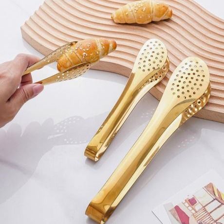 Techmanistan Mini Stainless Steel Frying Oil Straining Tong, Salad Tong, Sugar Tongs Ice-Cube Picker Coffee Tea Food Serving Tong, Metal Mesh 28 Holes Flat Head Bread Tong