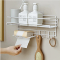 Bathroom Storage Shelf With hooks and Soap Dish Easy Mount Shower Shampoo Rack Holder washroom Basket No Drilling, Design for Bathroom Bedroom Living Room and Kitchen Organizer shelf. 