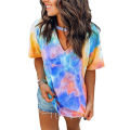 Women Blouse Top V Neck Short Sleeve Tie Dye Print Choker T-shirt. 