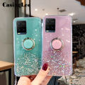 Casinglee for VIVO Y21 case Shiny Ring Glitter Soft Transparent Holder Stand Back cover with String for VIVO Y21 Phone cases cover Stars Moon Girls For girls and Boys. 