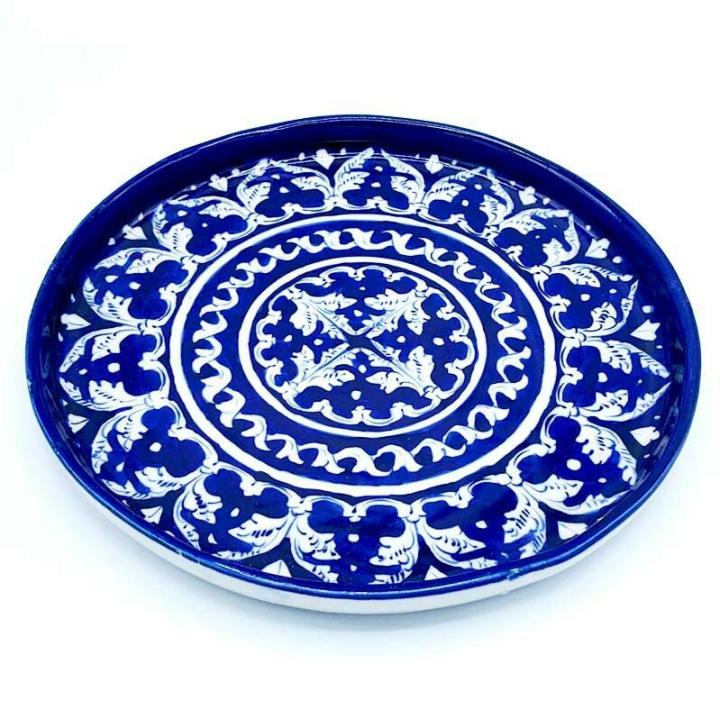 Blue pottery lotus Blue plate large Round Hand crafted