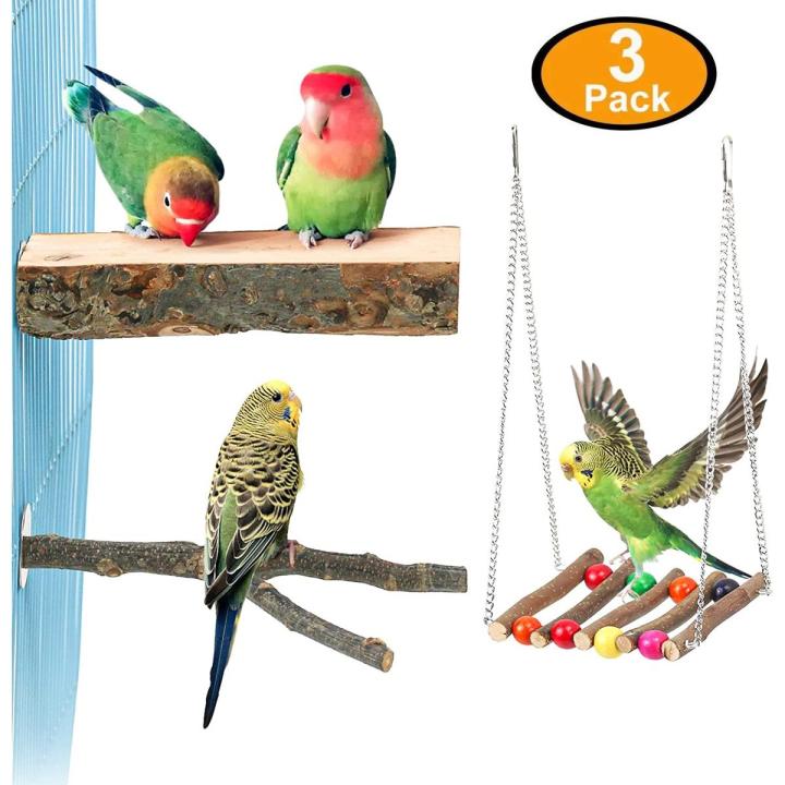 UK Bird Toys 3 Pcs set of Bird Perches Natural Wood Parrot Perches and ladder toy for Parakeet Cage Accessories Parakeet Toys for Parrots, Parakeets Cockatiels, Conures, Macaws, Love Birds, Finches