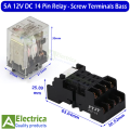 14 Pin 5A Coil 12V DC Power Relay and PYF-14 Screw Terminals Base 12V Contact DPDT General Purpose Relay 14 pins double pole double through relay by Electrica. 