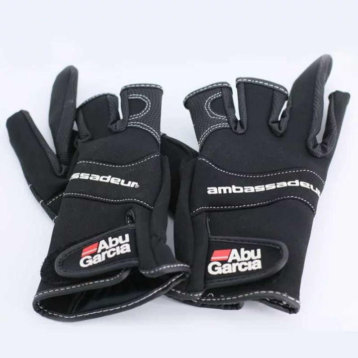 ABU Garcia Gloves Fishing Gloves Three Fingers Cut Lure Anti-Slip Leather Gloves Outdoor Sports Cycling Fingerless Gloves 1pair