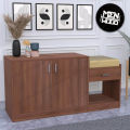 Wooden Street Engineered Wood Exotic Teak & Frosty White Finish Macon Shoe Rack Cabinet Multipurpose Rack for Home & Office with 2 Doors, 4 Shelves, 1 Drawer, Cushion Seat. 