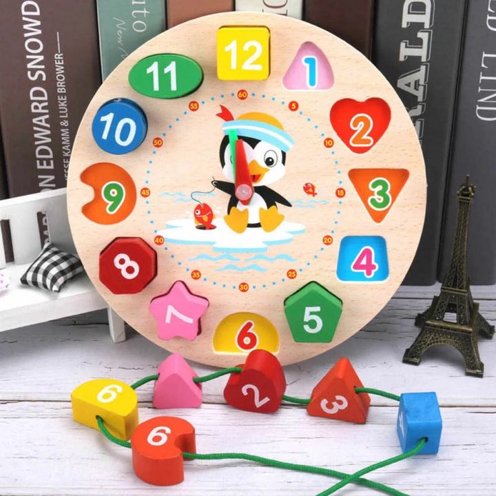 Cartoon Analog Clock Shape Wooden Toy, Wooden Shape Color Sorting Clock ...