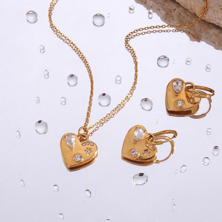 insFashion Personality Fashion Pendant Jewelry Women Irregular Zircon Peach Heart Pendant Earrings and Necklace Set